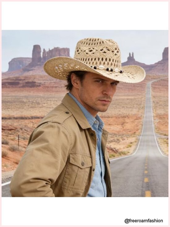 Straw Cowgirl Hat with Decorative Bands Wide Brim Sun Hat